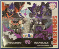 Optimus Prime vs Megatronus from Transformers - Robots in Disguise (2015) - Legion Class manufactured by Hasbro [Front]
