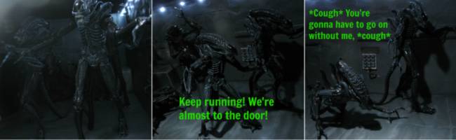 A brief study in the peculiar behavioral traits of the Xenomorph Comic Strip Panel #17 [The deleted sentry turret scene from the directer's cut of ALIENS,  as told from the perspective of the aliens.]